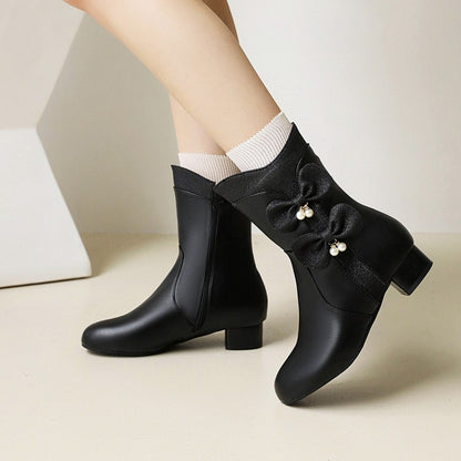 Women Bowtie Pearls Low Heel Short Boots