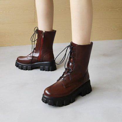 Women Glossy Round Toe Lace Up Flat Side Zippers Platform Short Boots