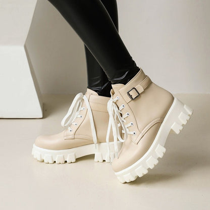 Women Lace Up Buckle Lace Up Block Heel Platform Short Boots