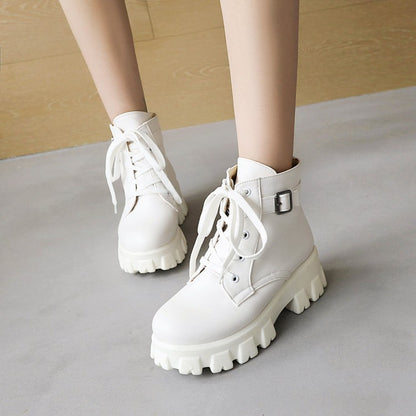 Women Lace Up Buckle Lace Up Block Heel Platform Short Boots