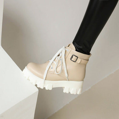 Women Lace Up Buckle Lace Up Block Heel Platform Short Boots