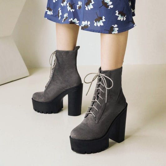 Women Lace Up High Heels Short Boots