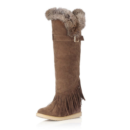 Ladies Suede Round Toe Tassel Belts Buckles Fur Knee High Boots