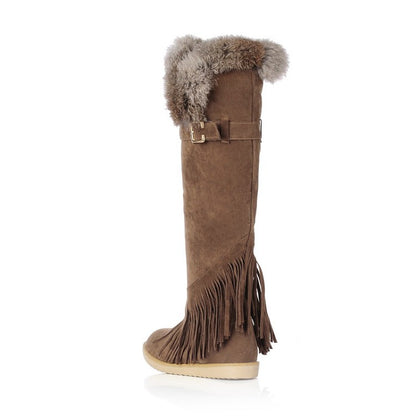 Ladies Suede Round Toe Tassel Belts Buckles Fur Knee High Boots