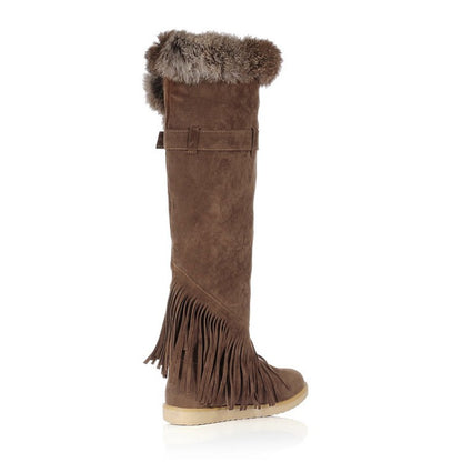 Ladies Suede Round Toe Tassel Belts Buckles Fur Knee High Boots