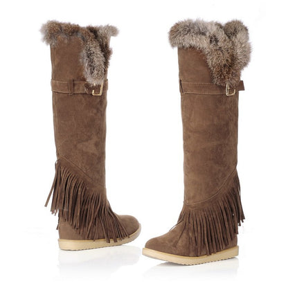 Ladies Suede Round Toe Tassel Belts Buckles Fur Knee High Boots