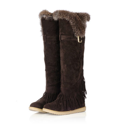 Ladies Suede Round Toe Tassel Belts Buckles Fur Knee High Boots