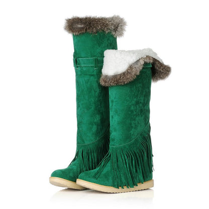 Ladies Suede Round Toe Tassel Belts Buckles Fur Knee High Boots