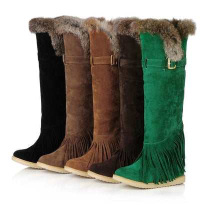 Ladies Suede Round Toe Tassel Belts Buckles Fur Knee High Boots