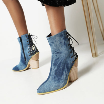 Women Pointed Toe Patchwork Back Lace Up Block Heel Short Boots