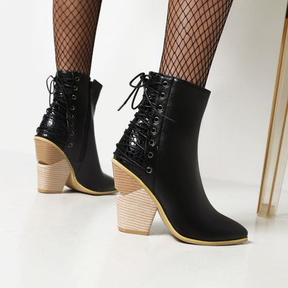 Women Pointed Toe Patchwork Back Lace Up Block Heel Short Boots