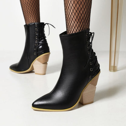 Women Pointed Toe Patchwork Back Lace Up Block Heel Short Boots