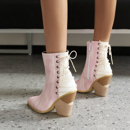 Women Pointed Toe Patchwork Back Lace Up Block Heel Short Boots