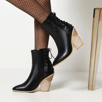 Women Pointed Toe Patchwork Back Lace Up Block Heel Short Boots