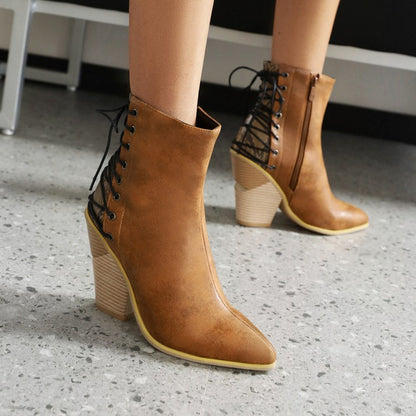 Women Pointed Toe Patchwork Back Lace Up Block Heel Short Boots