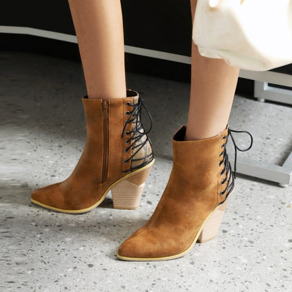 Women Pointed Toe Patchwork Back Lace Up Block Heel Short Boots