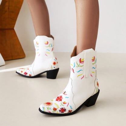 Women Floral Embroidered High Heels Short Boots