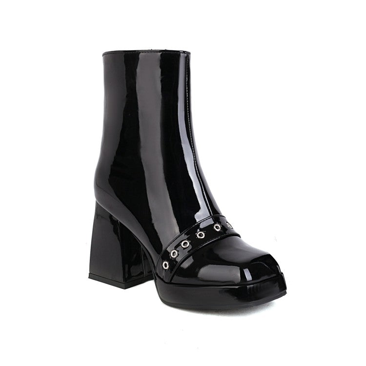 Women Pu Leather Square Toe Side Zippers Block Heel Platform Short Boots