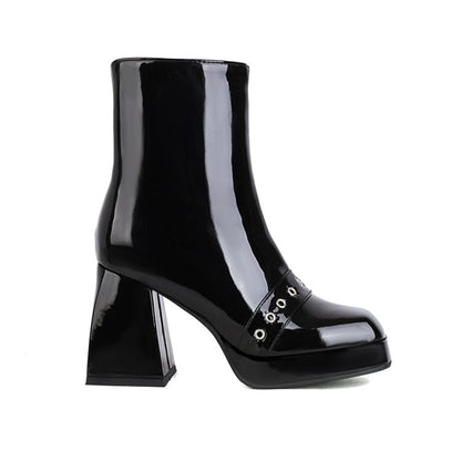 Women Pu Leather Square Toe Side Zippers Block Heel Platform Short Boots