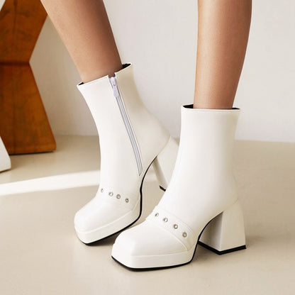 Women Pu Leather Square Toe Side Zippers Block Heel Platform Short Boots