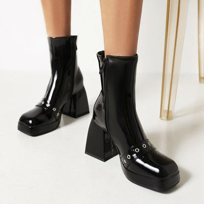 Women Pu Leather Square Toe Side Zippers Block Heel Platform Short Boots