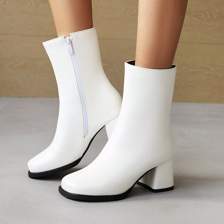 Women Pu Leather Round Toe Side Zippers Block Heel Short Boots