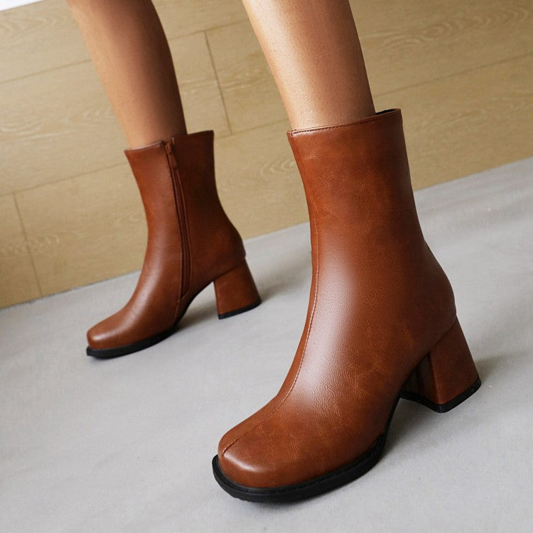 Women Pu Leather Round Toe Side Zippers Block Heel Short Boots