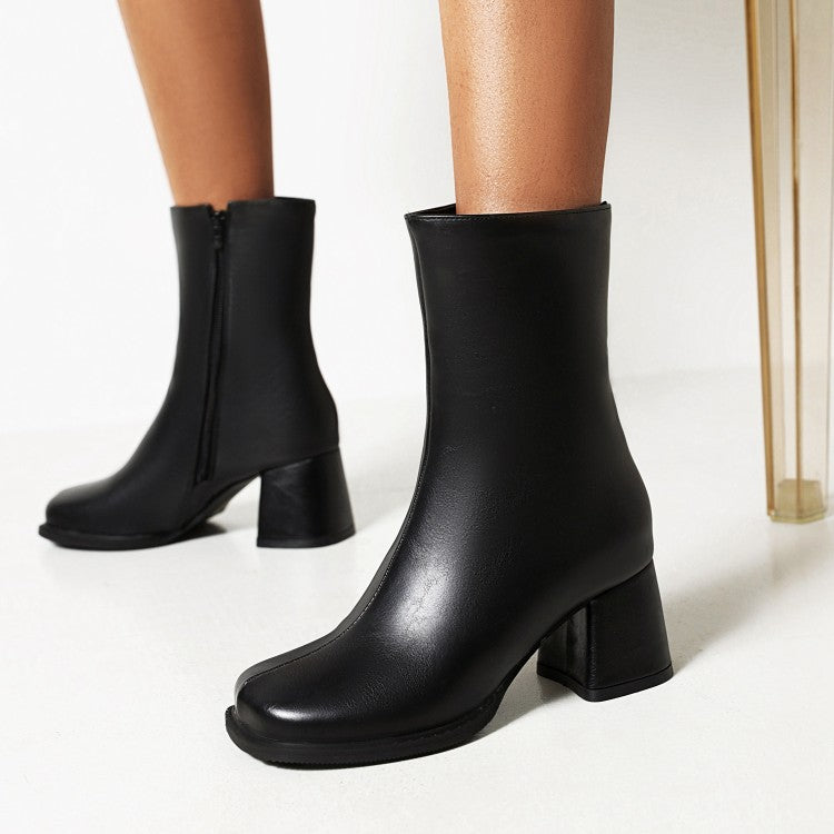 Women Pu Leather Round Toe Side Zippers Block Heel Short Boots