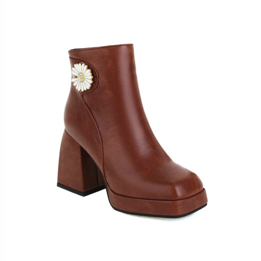 Women Square Toe Pu Leather Sunflower Block Heel Platform Short Boots