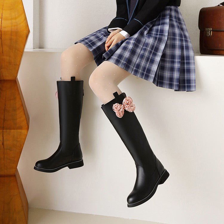 Women Bowtie Low Heels Knee High Boots