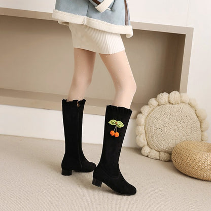 Women Ruffle Low Heels Knee High Boots