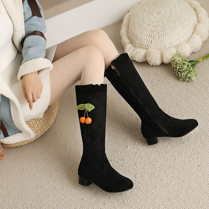 Women Ruffle Low Heels Knee High Boots