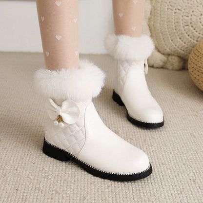 Lattice Pu Leather Furry Pearls Bow Tie Short Boots for Women