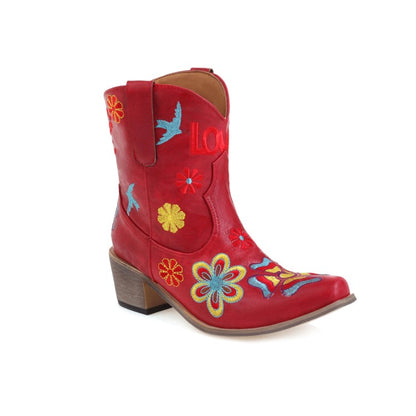 Women Ethnic Embroidery Puppy Heel Cowboy Short Boots