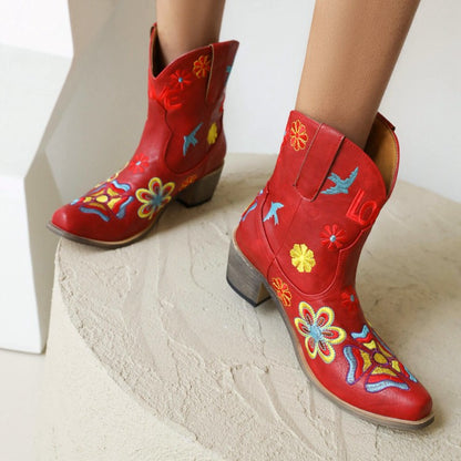 Women Ethnic Embroidery Puppy Heel Cowboy Short Boots