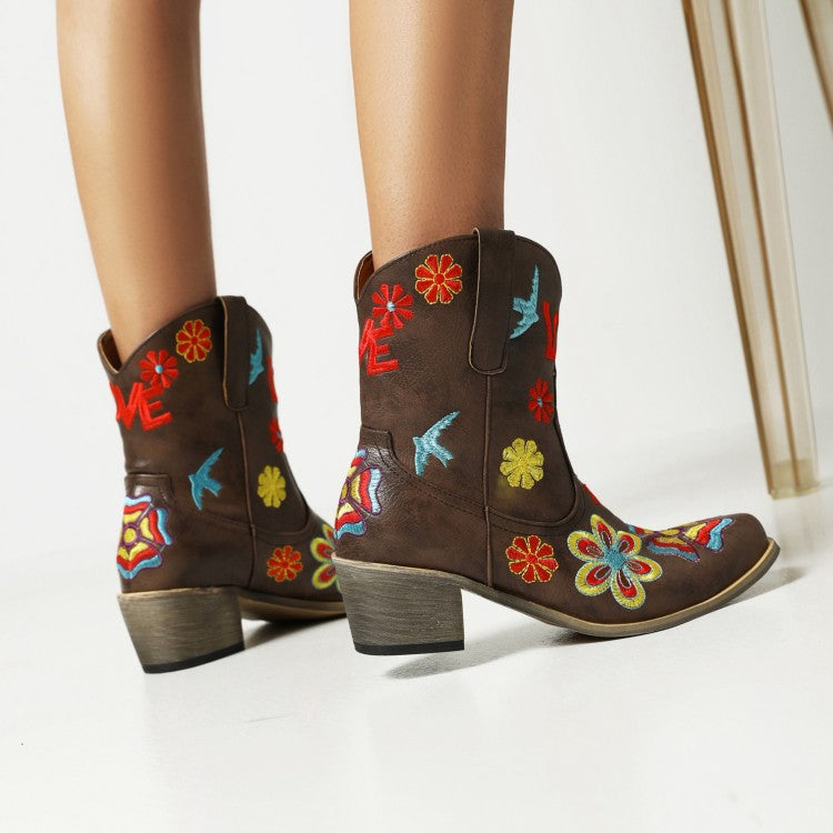 Women Ethnic Embroidery Puppy Heel Cowboy Short Boots