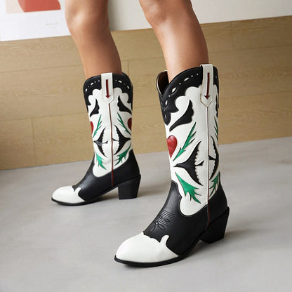 Ladies Patchwork Pointed Toe Block Heel Cowboy Mid Calf Boots