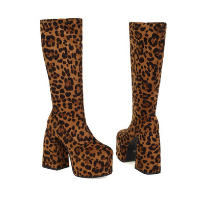 Women Leopard Print Round Toe Stitching Block Heel Platform Knee High Boots