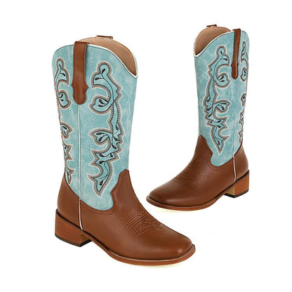 Ladies Ethnic Pu Leather Embroidery Block Heel Mid Calf Boots