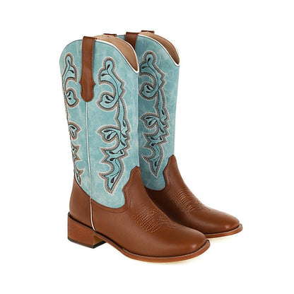 Ladies Ethnic Pu Leather Embroidery Block Heel Mid Calf Boots