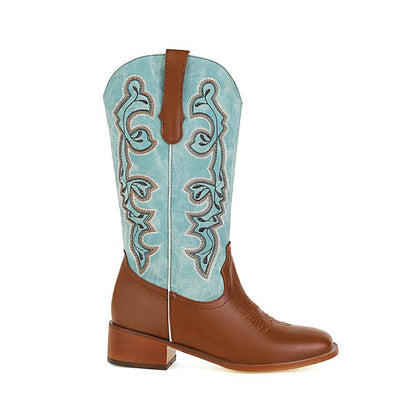 Ladies Ethnic Pu Leather Embroidery Block Heel Mid Calf Boots