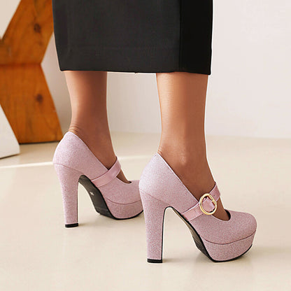 Sparkling Solid Color Metal Buckle Platform Super High Heels