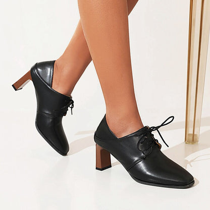 Women Square Toe Low Up Block Heels Shoes