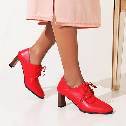 Women Square Toe Low Up Block Heels Shoes