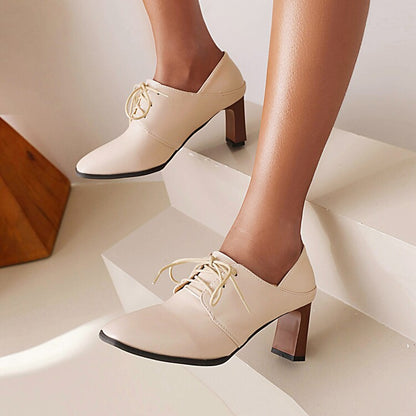 Women Square Toe Low Up Block Heels Shoes