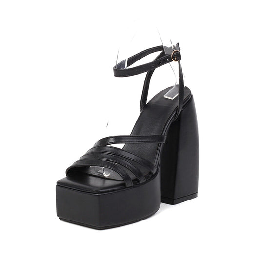 Women Solid Color Hollow Out Ankle Strap Platform Chunky Heel Sandals