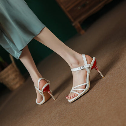 Ladies Solid Color Straps Stiletto High Heel Sandals