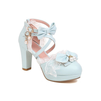 Women Lolita Pearls Lace Butterfly Knot Chunky Heel Platform Sandals