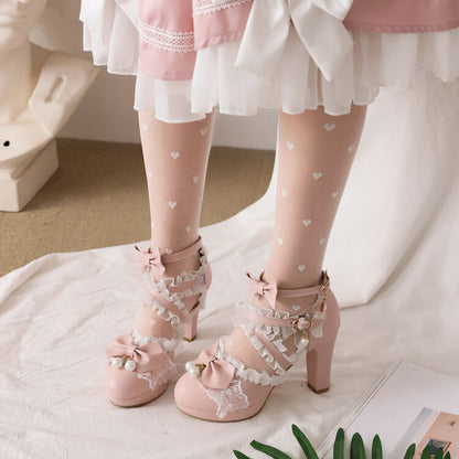 Women Lolita Lace Pearls Butterfly Knot Chunky Heel Platform Sandals