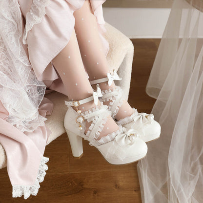 Women Lolita Lace Pearls Butterfly Knot Chunky Heel Platform Sandals